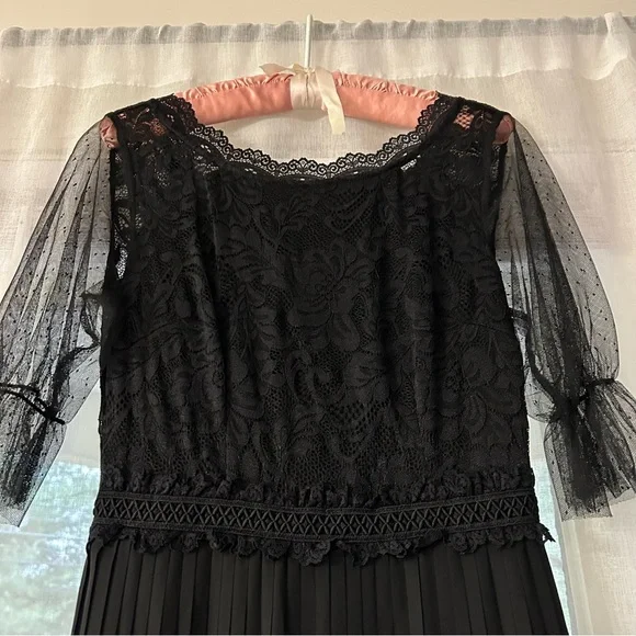 Pleated Lace Chiffon Formal Evening Casual Maxi A-Line black Dress - Picture 9 of 15